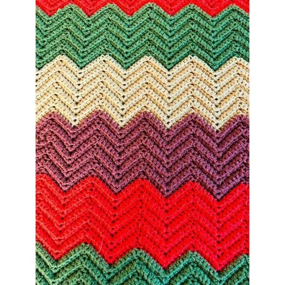 Crocheted Afghan Chevron Pattern VTG 70's Green Yellow Orange Brown Handmade